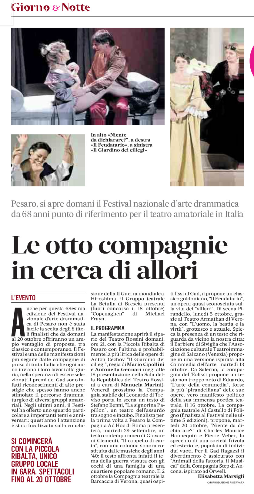 2015 09 19 Il Messaggero Le otto compagnie in cerca di allori