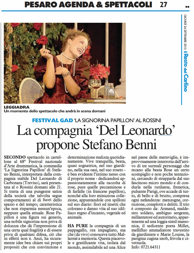 2015 09 24 Il Resto del Carlino La compagnia del Leonardo propone Stefano Benni