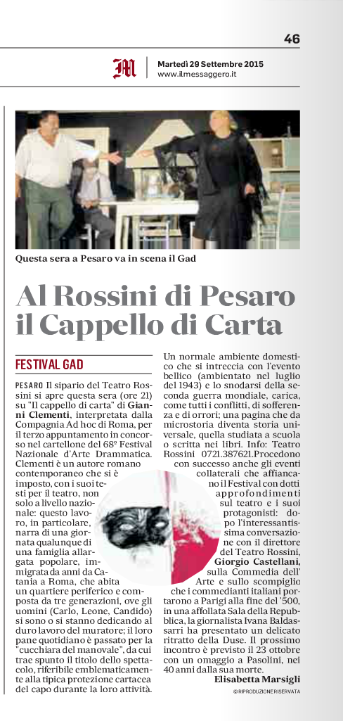 2015 09 29 Il Messaggero Al teatro rossini il cappello di carta