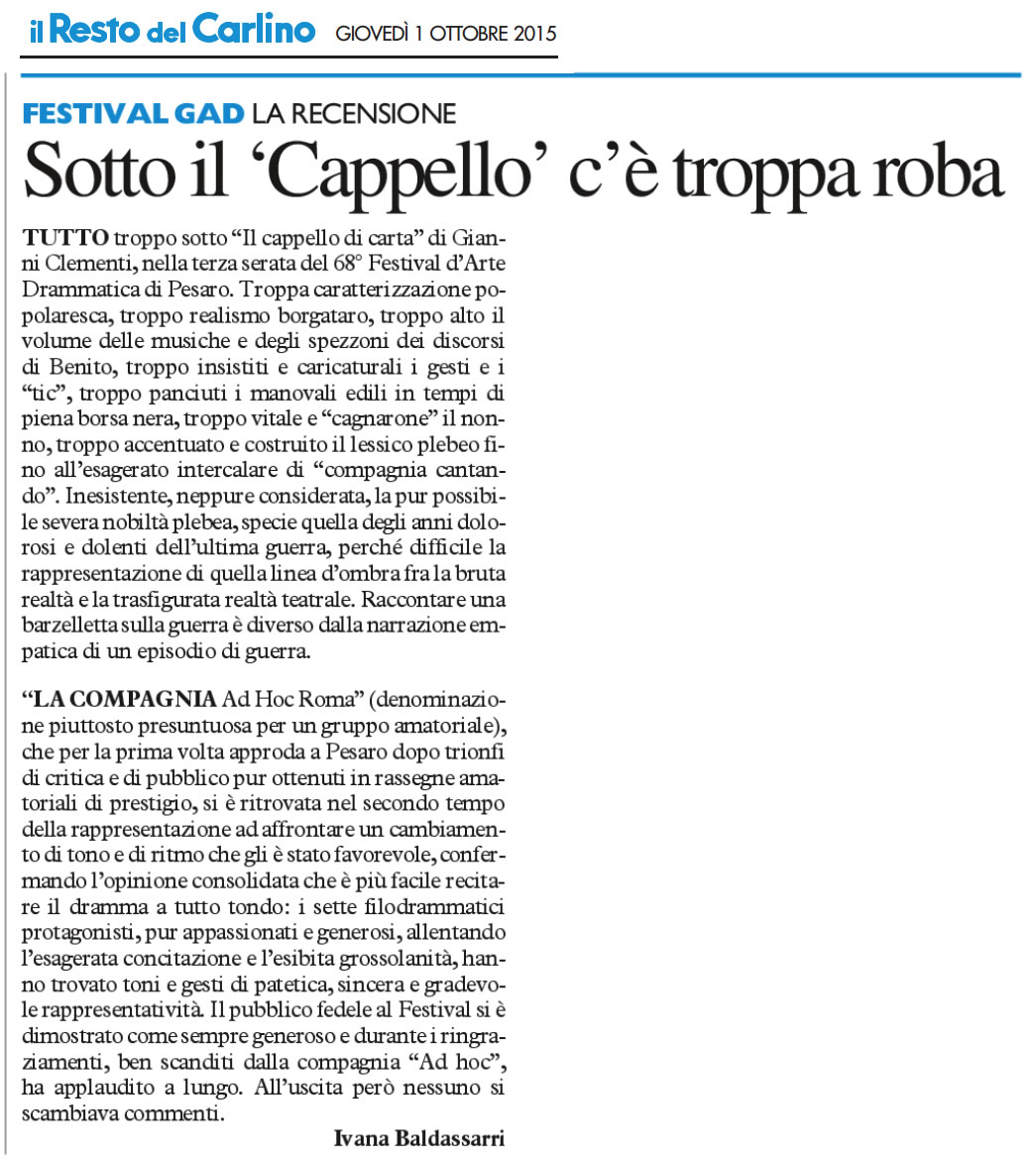 2015 10 01 Il Resto del Carlino Sotto il Cappello ce troppa roba