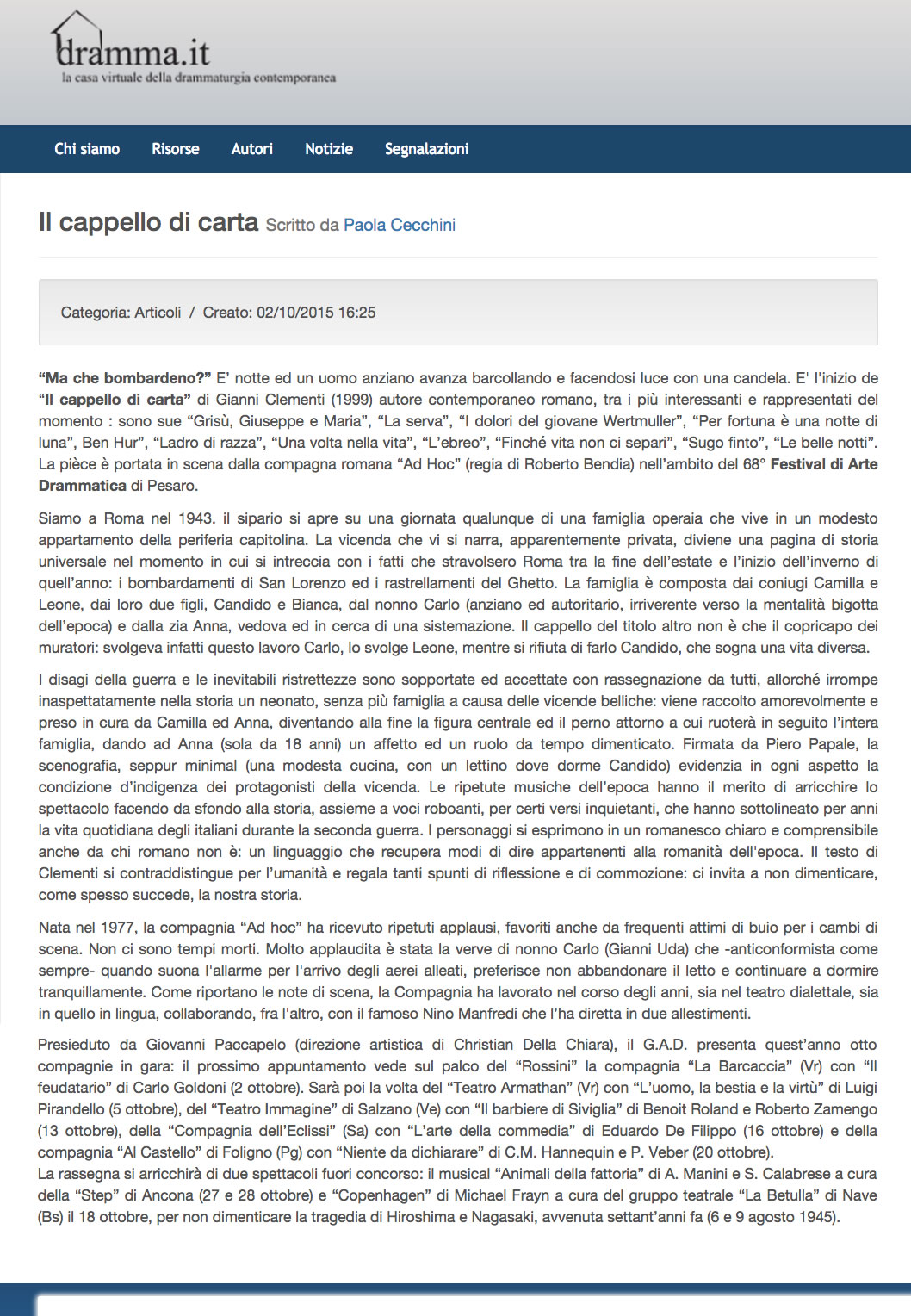 2015 10 02 Dramma.it Il cappello di carta