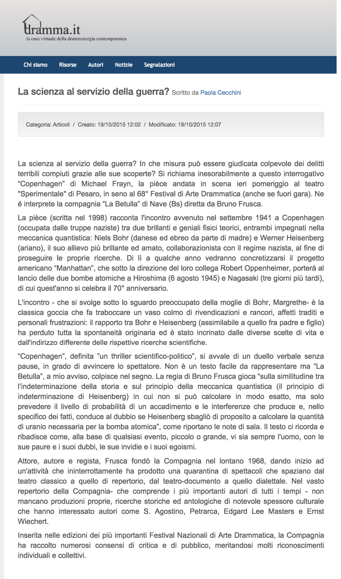 2015 10 19 Dramma.it La scienza al servizio della guerra