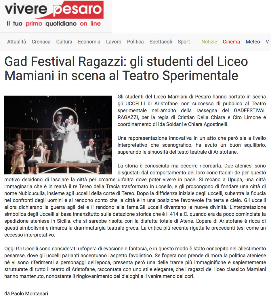 2016 10 16 Vivere Pesaro Gad Festival Ragazzi gli studenti del Liceo Mamiani in scena al Teatro Sperimentale