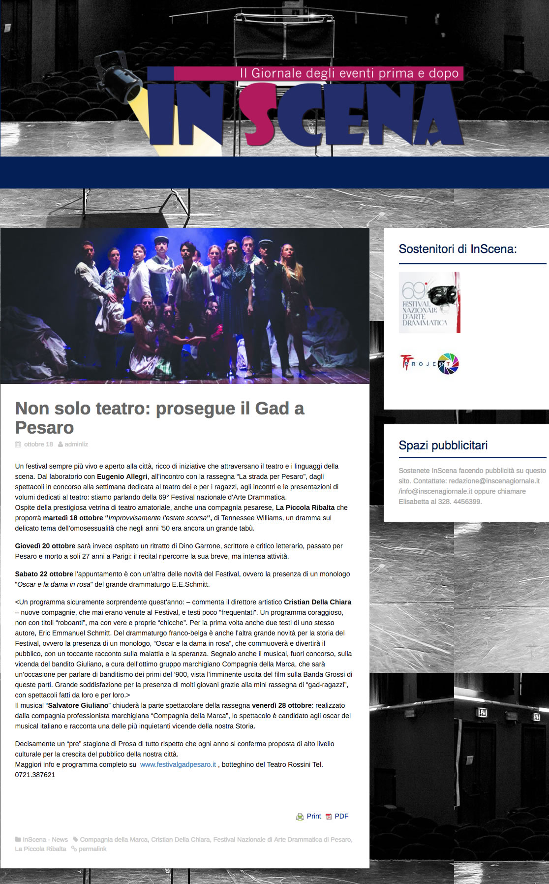 2016 10 18 In Scena Giornale Non solo teatro prosegue il Gad a Pesaro