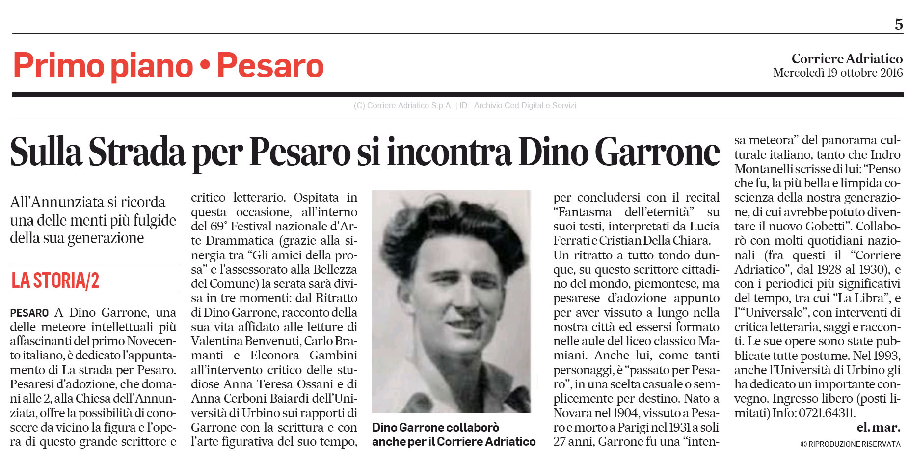 2016 10 19 Corriere adriatico Sulla strada per pesaro si incontra Dino Garrone