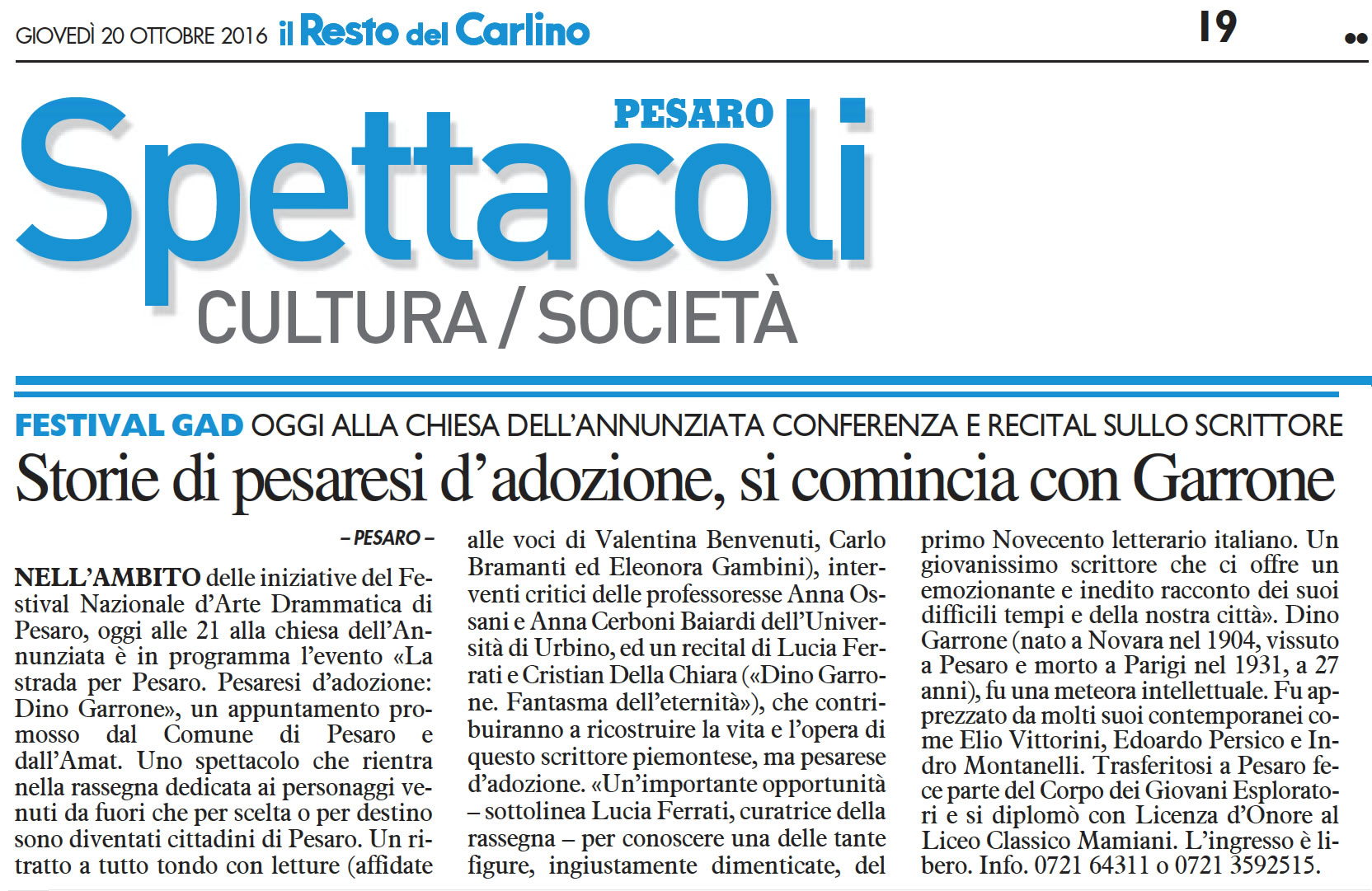 2016 10 20 Il Resto del Carlino Storie di pesaresi dadozione sicomincia con Garrone
