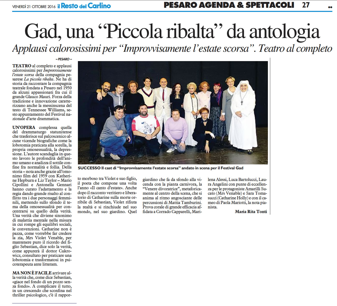 2016 10 21 Il Resto del Carlino Gad una Piccola ribalta da antologia
