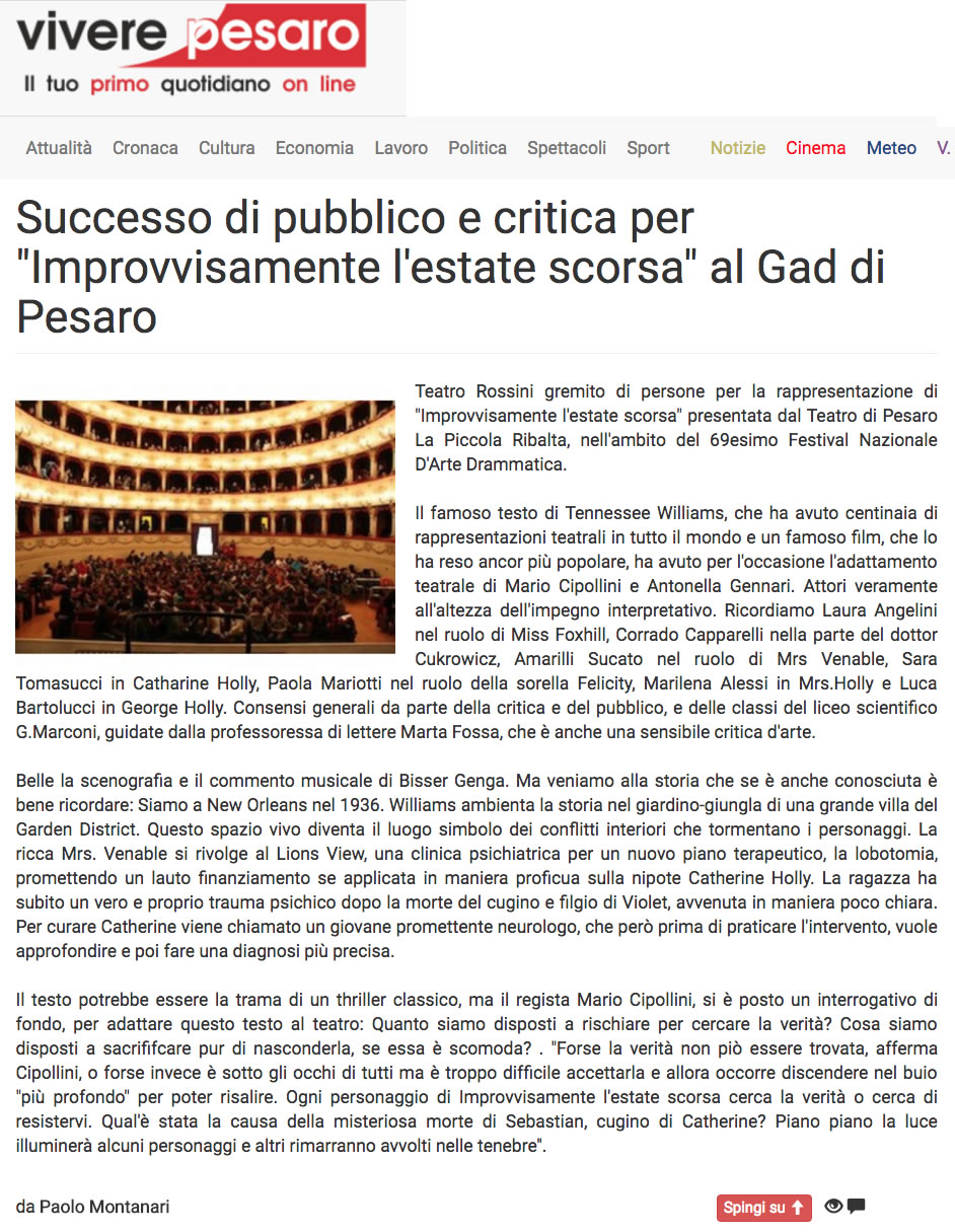 2016 10 21 Vivere Pesaro Successo di pubblico e critica per Improvvisamente lestate scorsa al Gad di Pesaro
