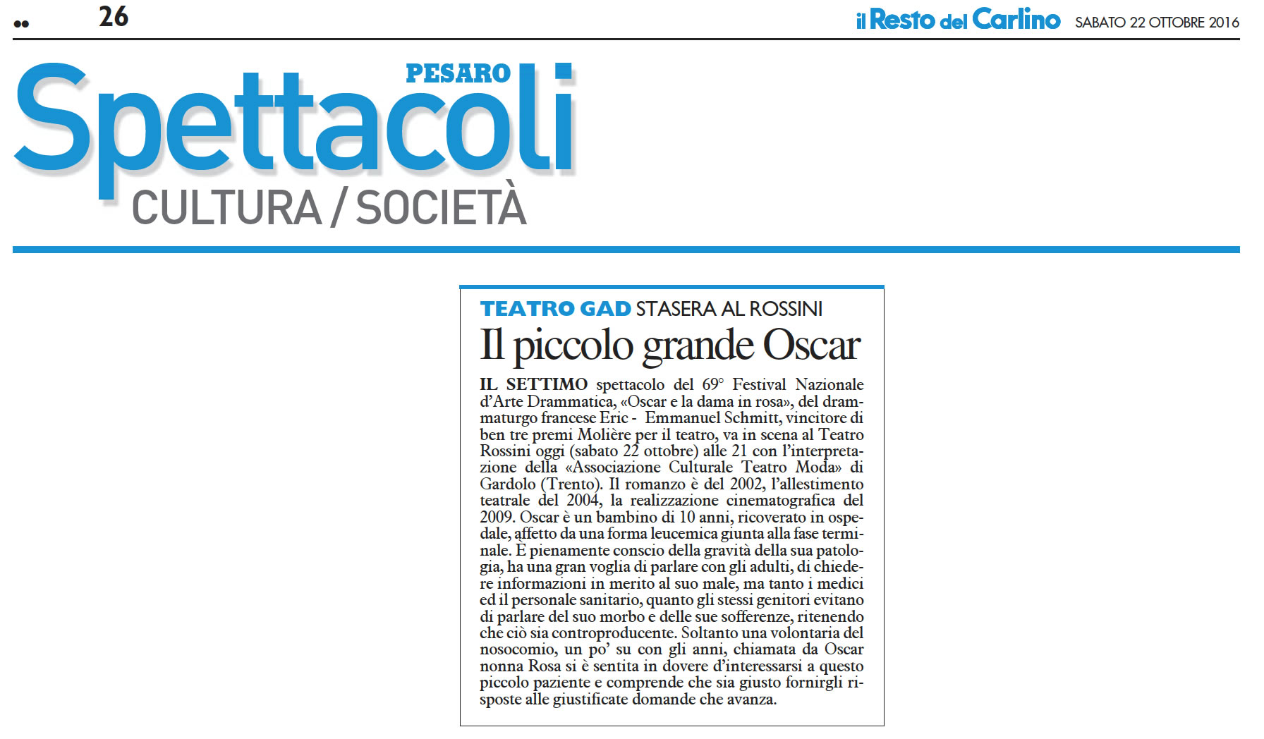 2016 10 22 Il Resto del Carlino Il piccolo grande Oscar
