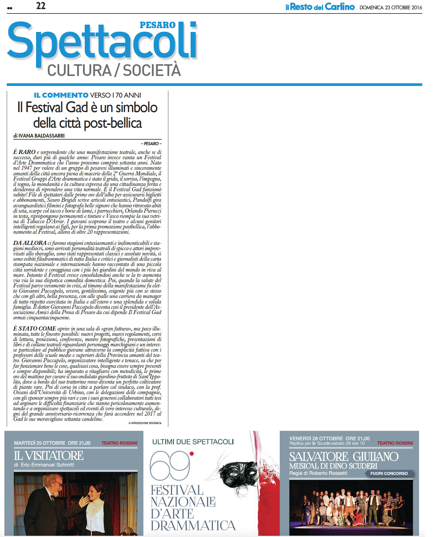 2016 10 23 Il Resto del Carlino Il Festival Gad e un simbolo della citta post bellica