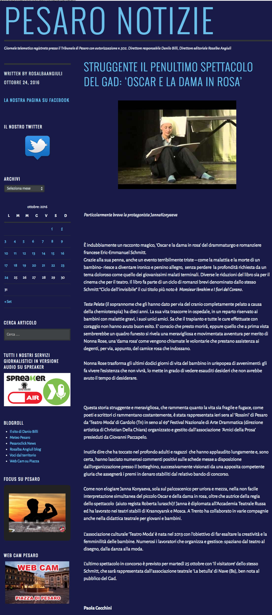 2016 10 24 Pesaro Notizie STRUGGENTE IL PENULTIMO SPETTACOLO DEL GAD OSCAR E LA DAMA IN ROSA