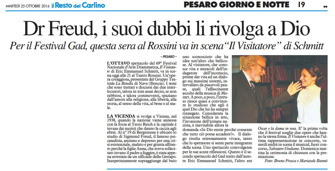 2016 10 25 Il Resto del Carlino Dr Freud i suoi dubbi li rivolga a Dio