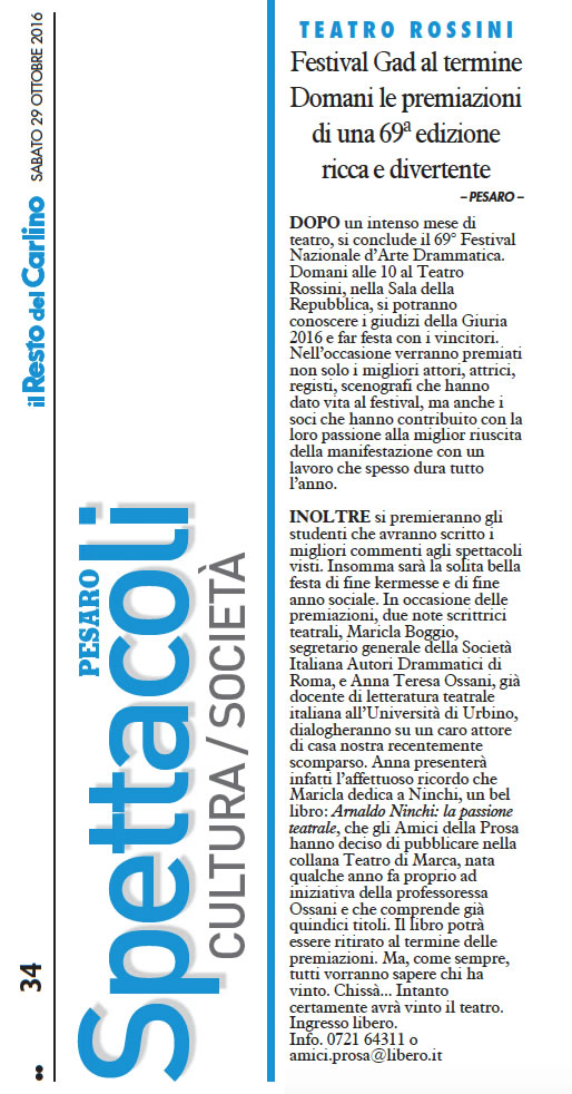 2016 10 29 Il Resto del Carlino Festival Gad al termine Domani le premiazioni di una 69ª edizione ricca e divertente