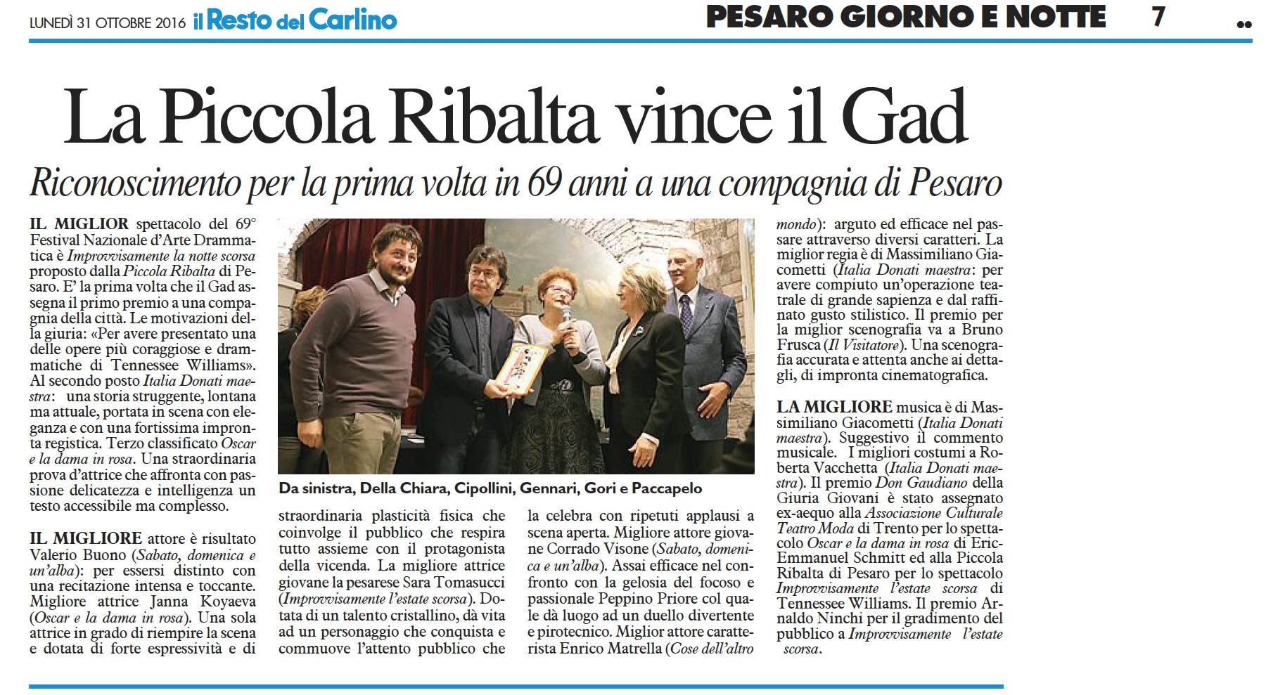2016 10 31 Il Resto del Carlino La Piccola Ribalta vince il Gad