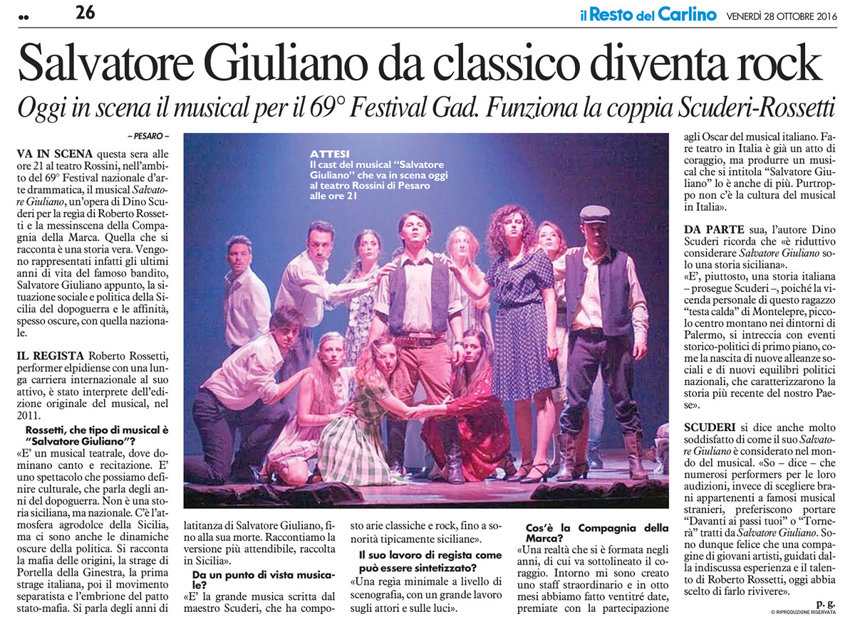 2016 10 28 Il Resto Del Carlino - Salvatore Giuliano da classico diventa rock