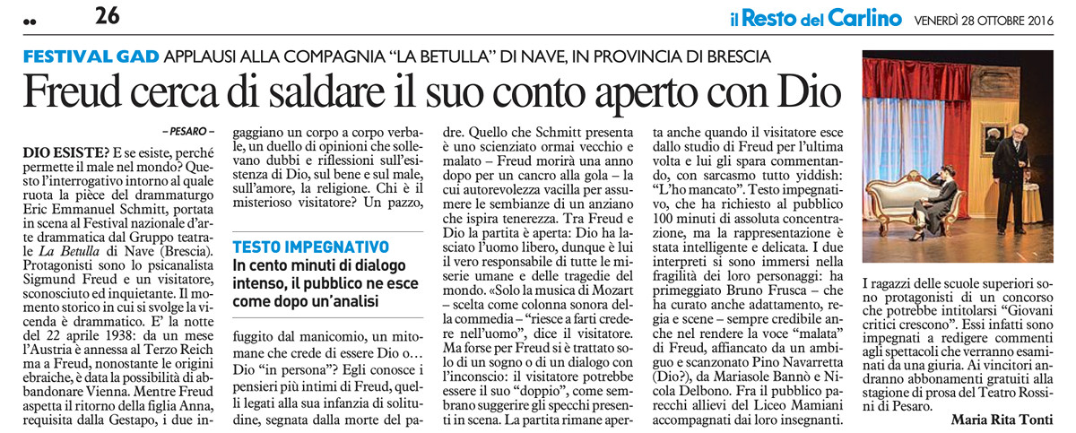 2016 10 28 Il Resto Del Carlino - Freud cerca di saldare il suo conto aperto con Dio