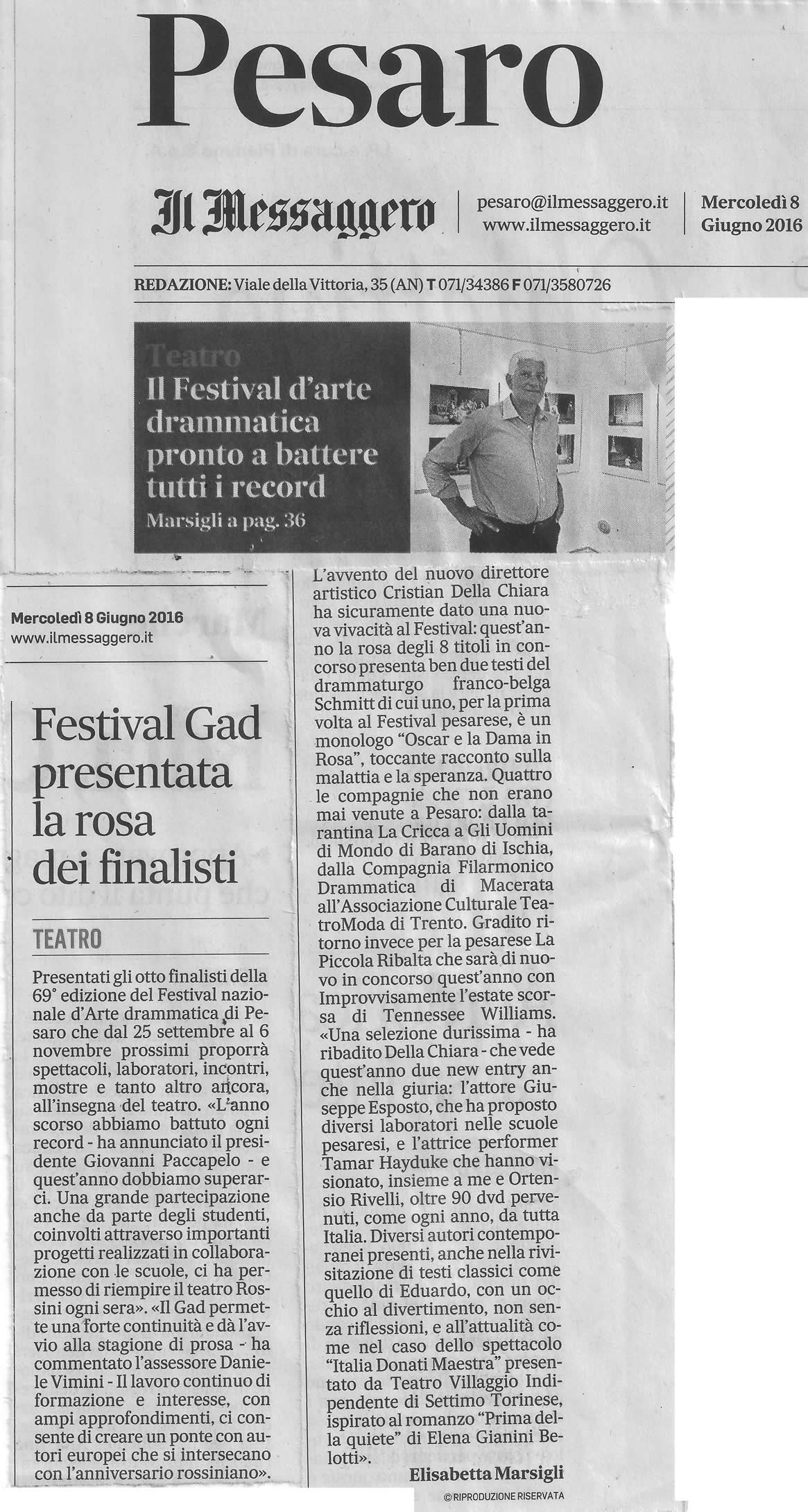 2016 06 08 Il Messaggero Festival Gad. Presentata la rosa dei finalisti small