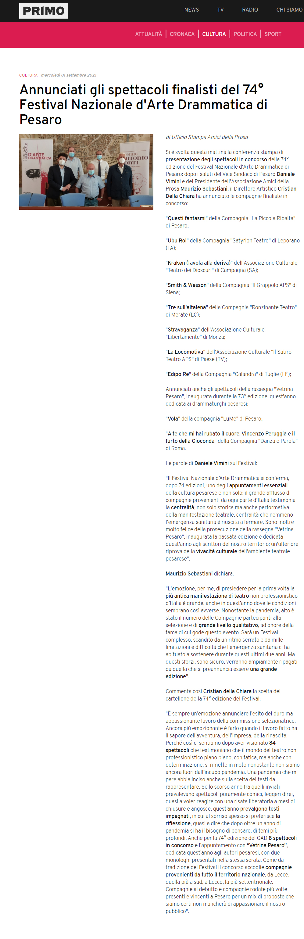 primo comunicazione 1 settembre 2021